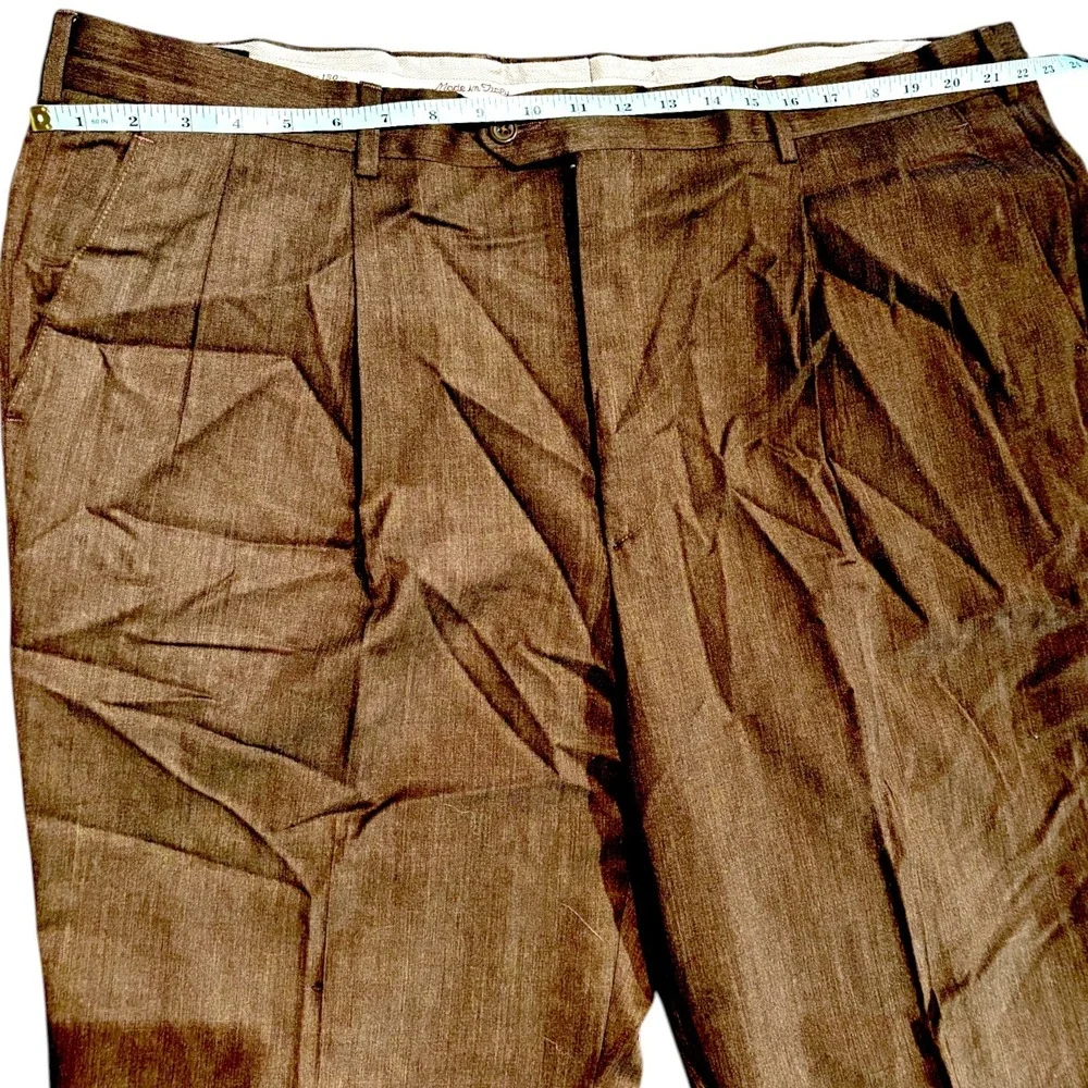 Members Mark Mens 44x24 Brown Super 130s Wool Pleated Cuffed Dress Pants‎ Italy